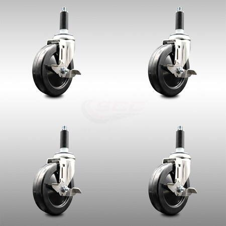 Service Caster 5 Inch 316SS Soft Rubber Swivel 7/8 Inch Expanding Stem Caster Set Brake SCC SCC-SS316EX20S514-SRS-TLB-78-4